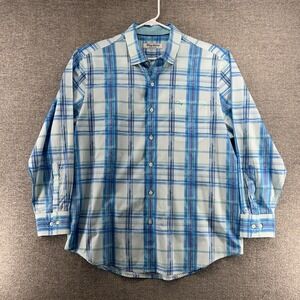 Tommy Bahama Shirt Men Size Large Plaid Blue 100% Pima Cotton Lightweight